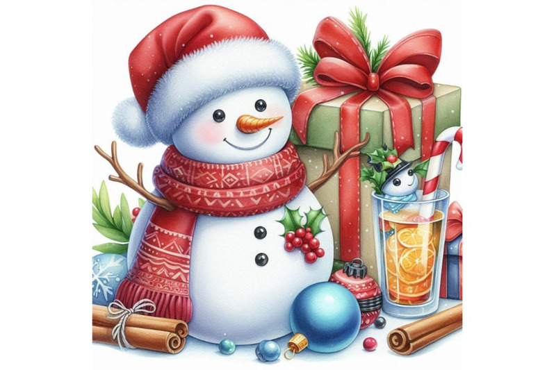 new-year-snowman-and-christmas-decoration-watercolor