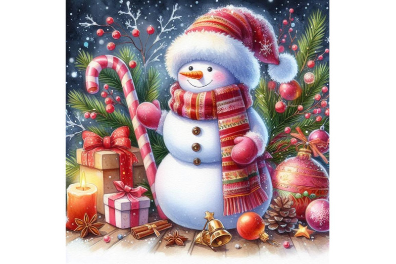 new-year-snowman-and-christmas-decoration-watercolor