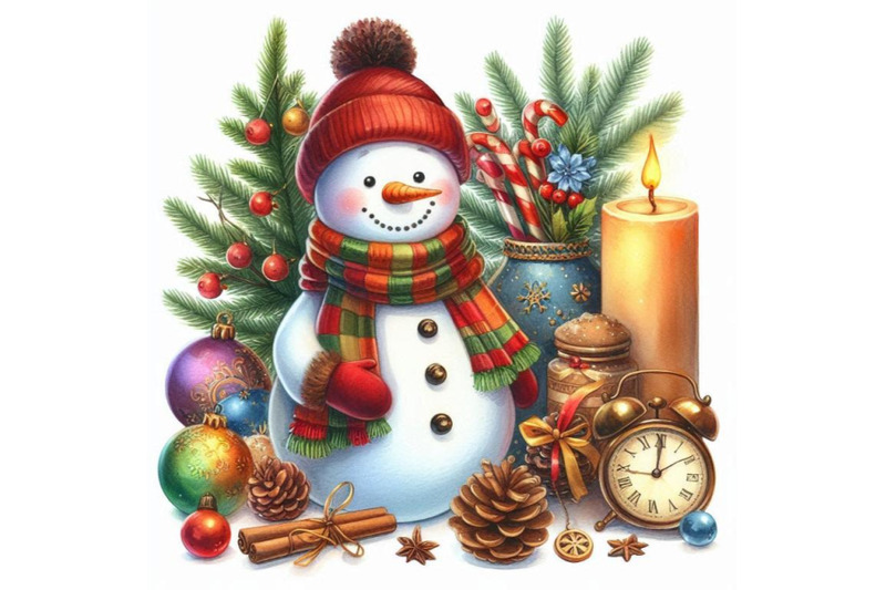 new-year-snowman-and-christmas-decoration-watercolor-illustration