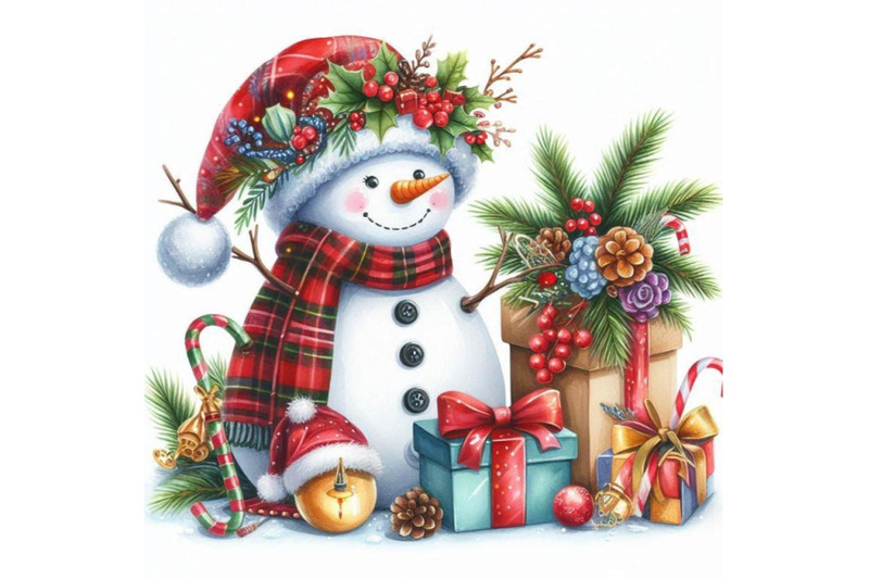 new-year-snowman-and-christmas-decoration-watercolor-illustration