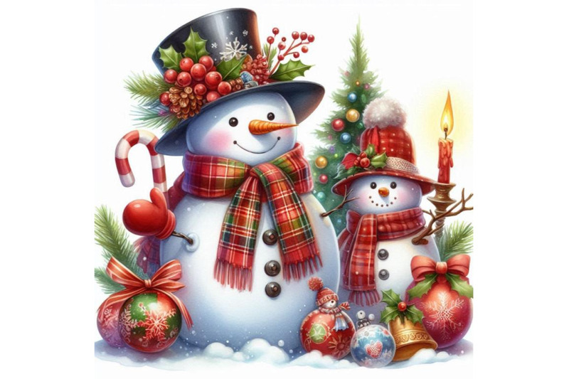 new-year-snowman-and-christmas-decoration-watercolor-illustration