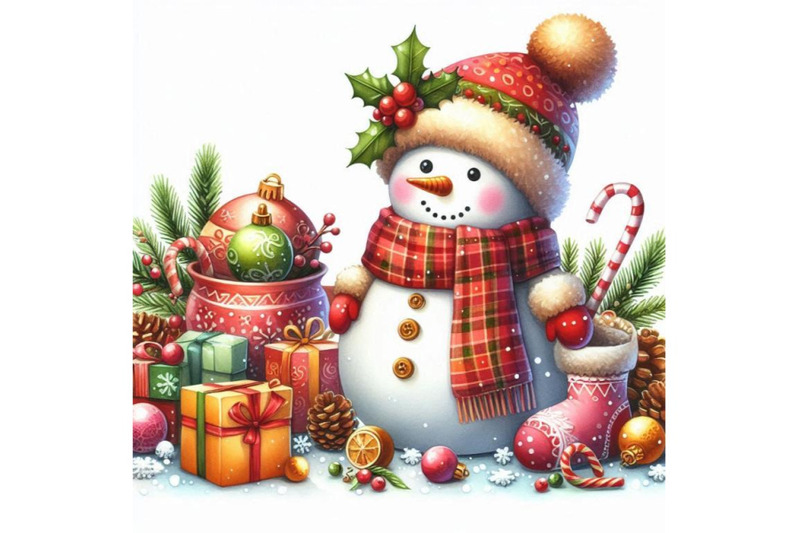 new-year-snowman-and-christmas-decoration-watercolor-illustration