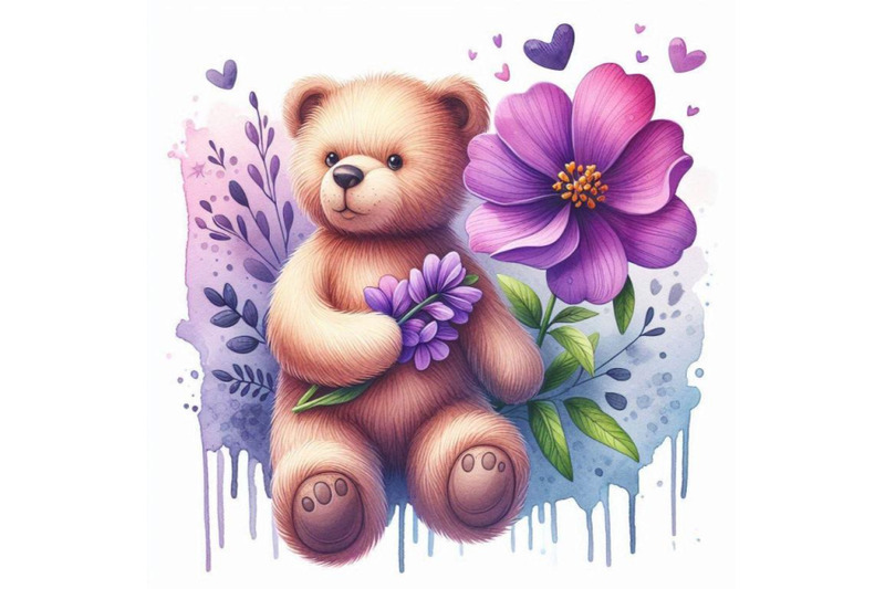 toy-teddy-bear-and-flower-violet-watercolor-illustration