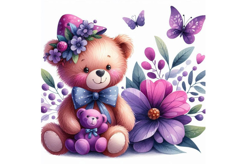 toy-teddy-bear-and-flower-violet-watercolor-illustration