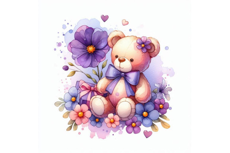 toy-teddy-bear-and-flower-violet-watercolor-illustration