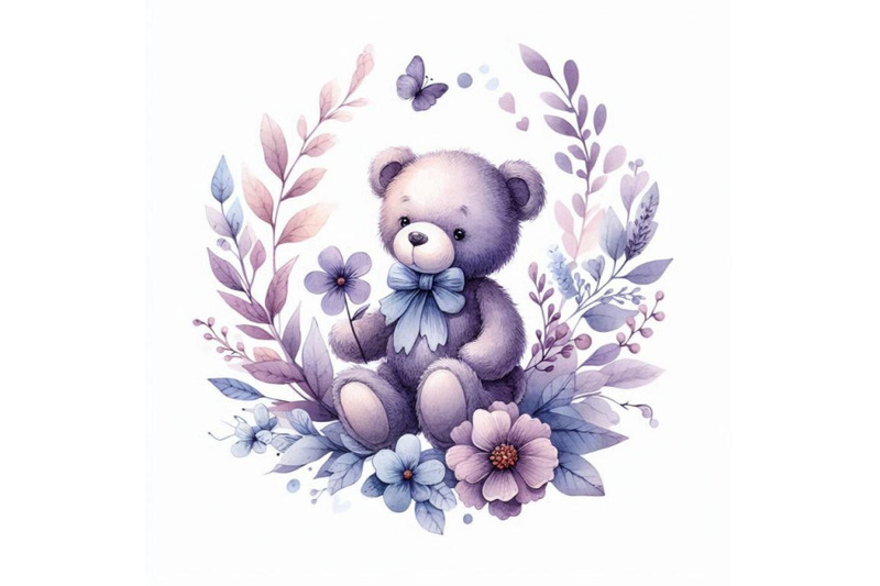 toy-teddy-bear-and-flower-violet-watercolor-illustration