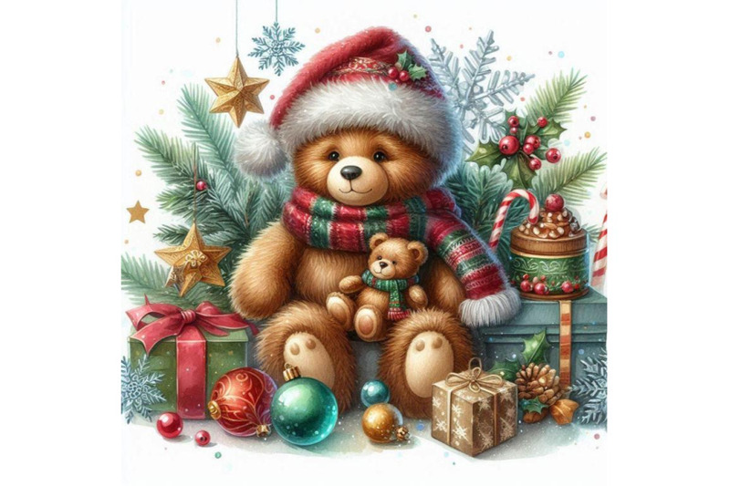 new-year-toy-bear-christmas-background-watercolor-illustration