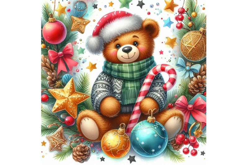 new-year-toy-bear-christmas-background-watercolor-illustration