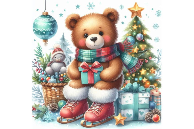 new-year-toy-bear-christmas-background-watercolor-illustration