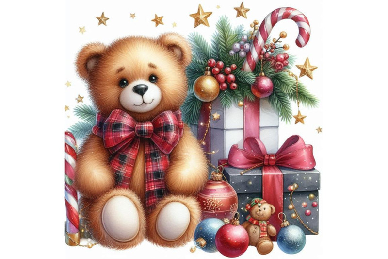 new-year-toy-bear-christmas-background-watercolor-illustration