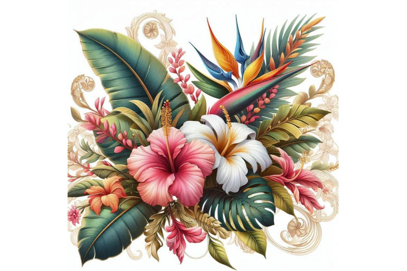 tropical-leaves-and-flowers-on-ornamental-background