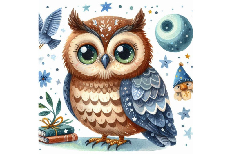 owl-cute-owl-watercolor-forest-bird-school-illustration-cartoon-bi