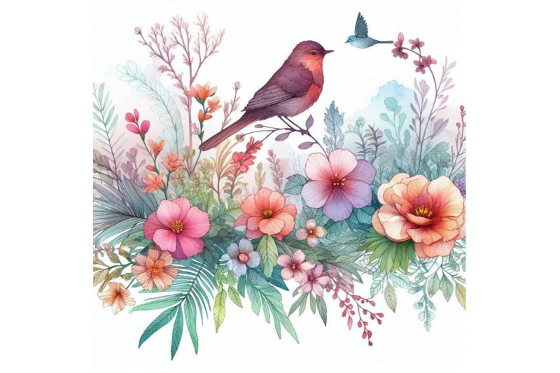 watercolor-bird-and-garden-flowers-background