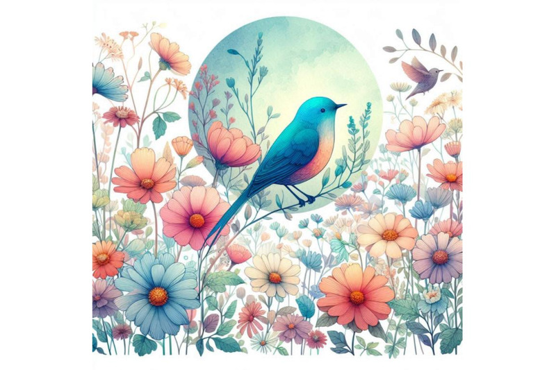 watercolor-bird-and-garden-flowers-background