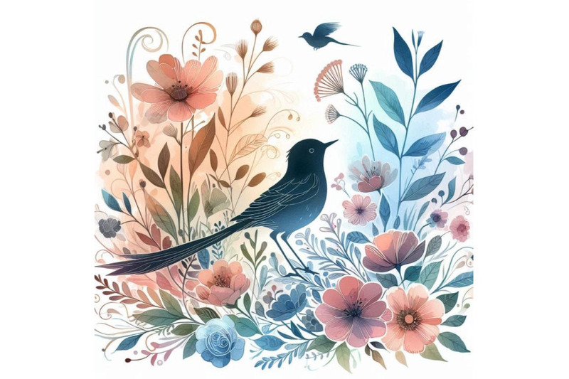 watercolor-bird-and-garden-flowers-background