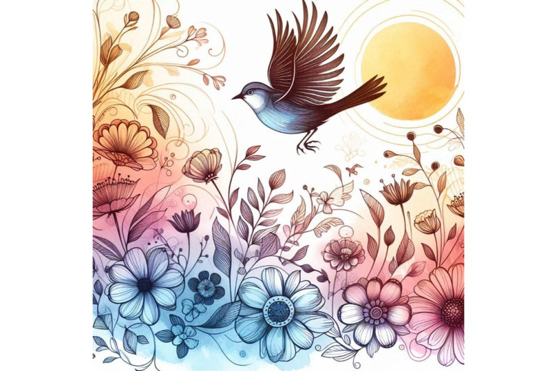 watercolor-bird-and-garden-flowers-background