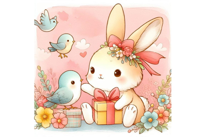 watercolor-cute-bunny-and-little-bird-gift-and-flowers-b