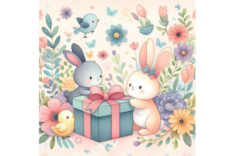 watercolor-cute-bunny-and-little-bird-gift-and-flowers-b