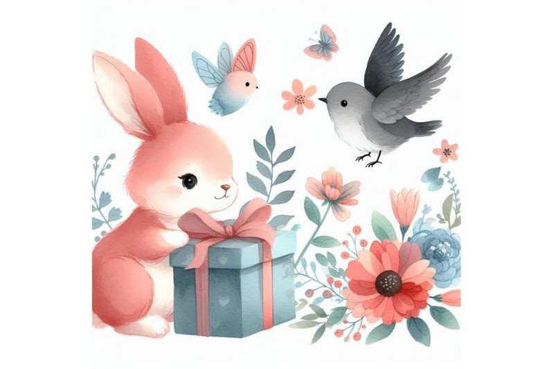 watercolor-cute-bunny-and-little-bird-gift-and-flowers-b