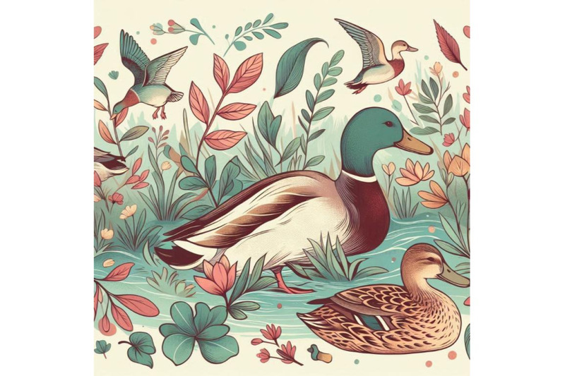 watercolor-duck-mallard-and-water-plant-seamless