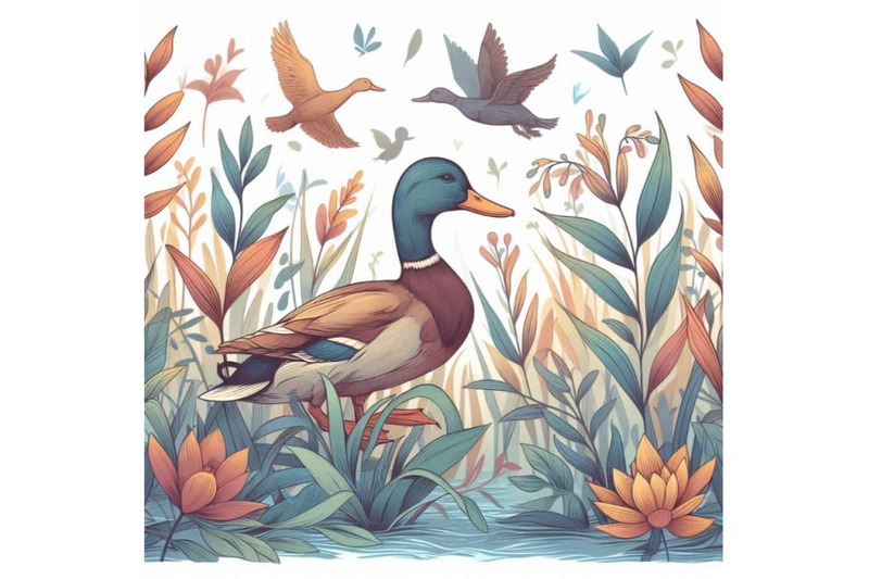 watercolor-duck-mallard-and-water-plant-seamless