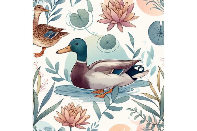 watercolor-duck-mallard-and-water-plant-seamless