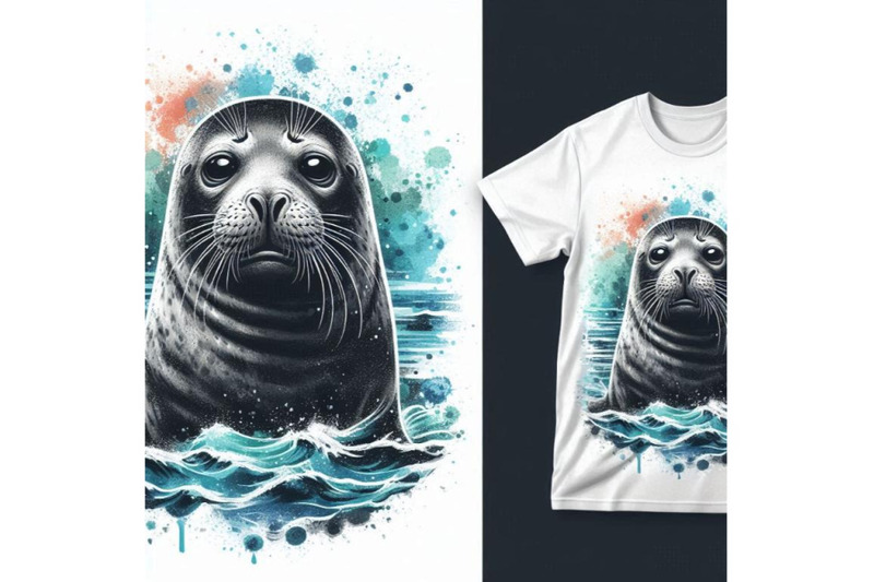 seal-t-shirt-graphics-marine-seal-illustration-with-splash-watercolo