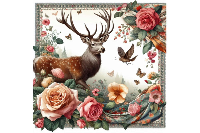 silk-scarf-with-floral-and-wild-animal-deer-illustration-vintage-des