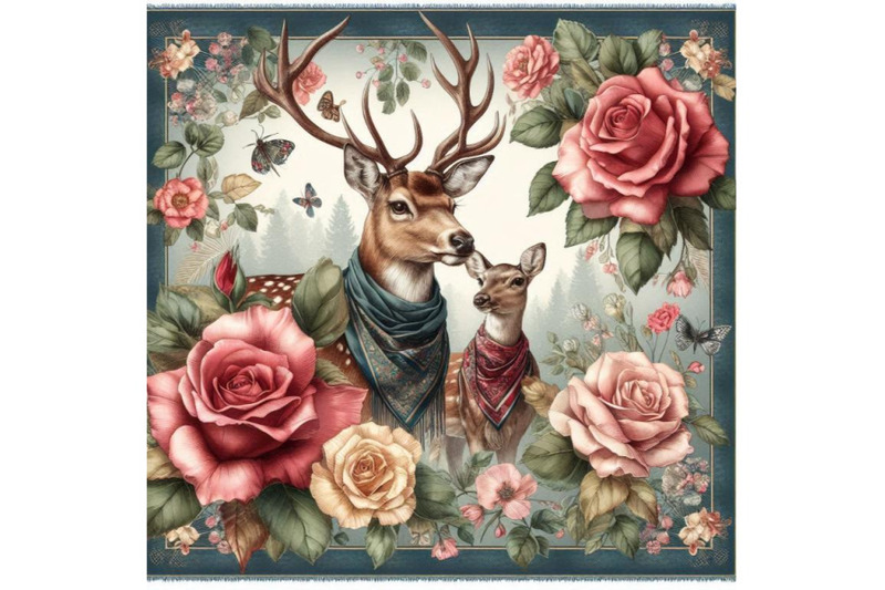 silk-scarf-with-floral-and-wild-animal-deer-illustration-vintage-des