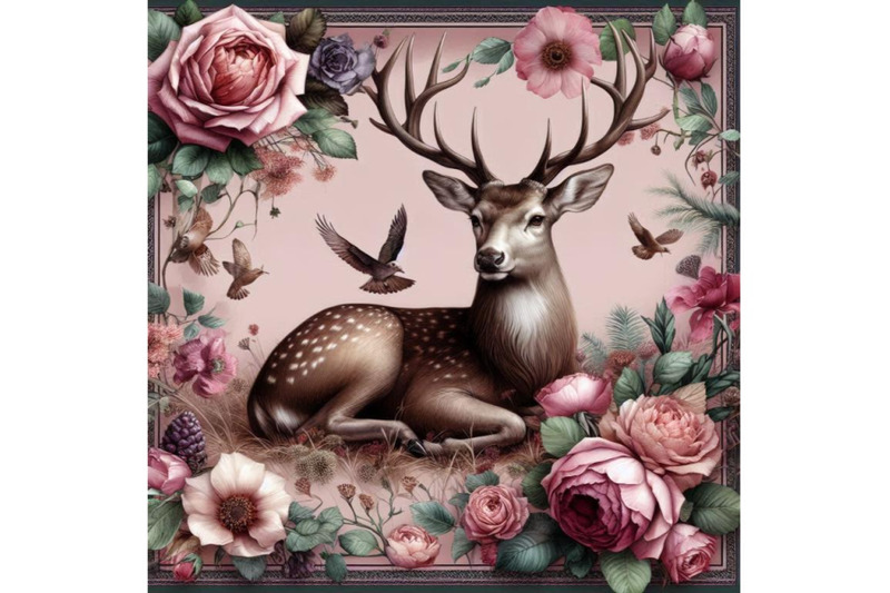 silk-scarf-with-floral-and-wild-animal-deer-illustration-vintage-des