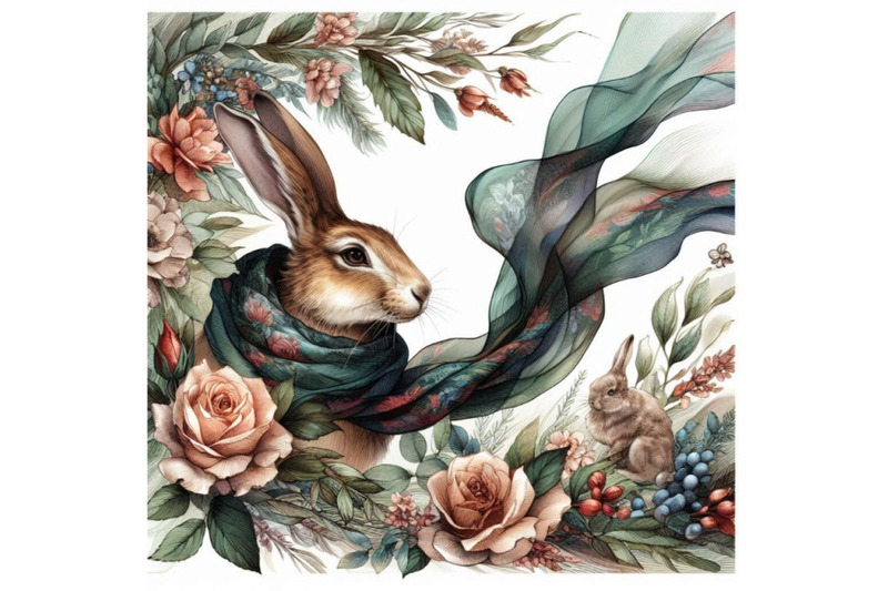 silk-scarf-with-floral-and-wild-animal-hare-illustration-vintage-des