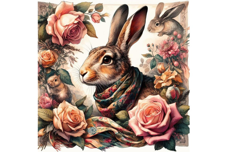 silk-scarf-with-floral-and-wild-animal-hare-illustration-vintage-des