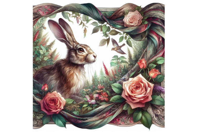 silk-scarf-with-floral-and-wild-animal-hare-illustration-vintage-des