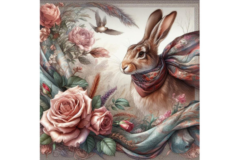 silk-scarf-with-floral-and-wild-animal-hare-illustration-vintage-des