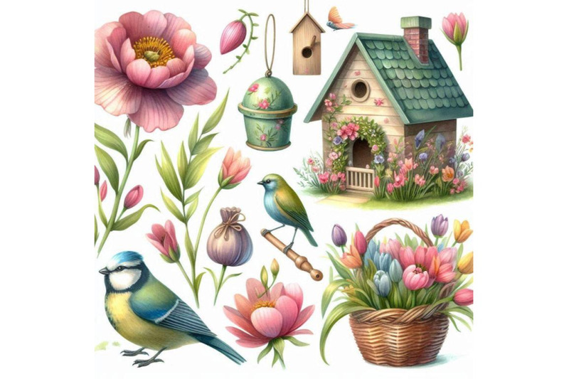 spring-flowers-garden-decor-bird-house-and-birds-watercolor-set