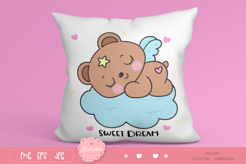 cute-teddy-bear-on-cloud-bedtime-cartoon-kawaii-cliparts