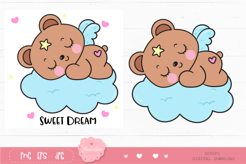 cute-teddy-bear-on-cloud-bedtime-cartoon-kawaii-cliparts