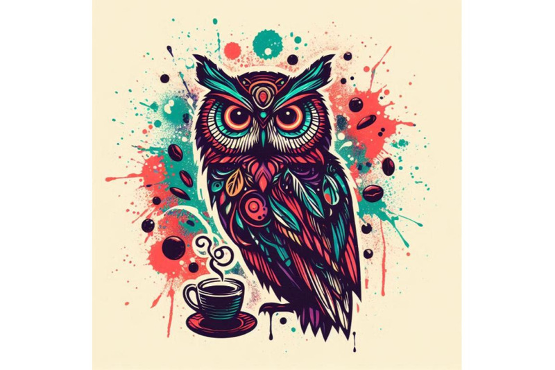 owl-t-shirt-graphics-coffee-and-owl-illustration-with-splas