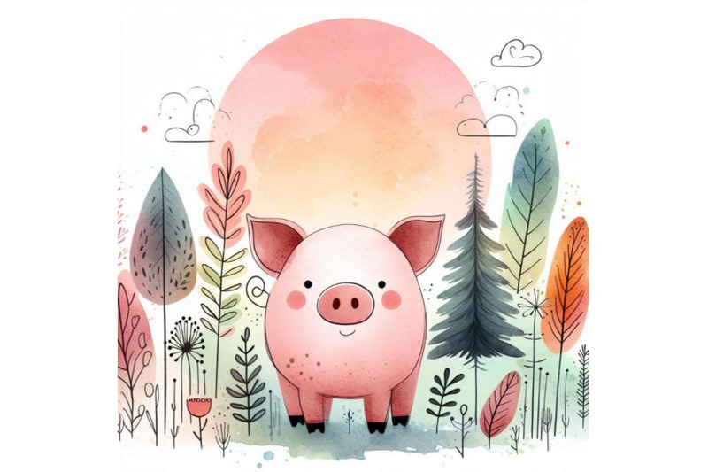 cute-watercolor-cartoon-pig-forest-animal-illustrati