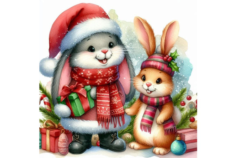 funny-bunny-and-christmas-watercolor-background