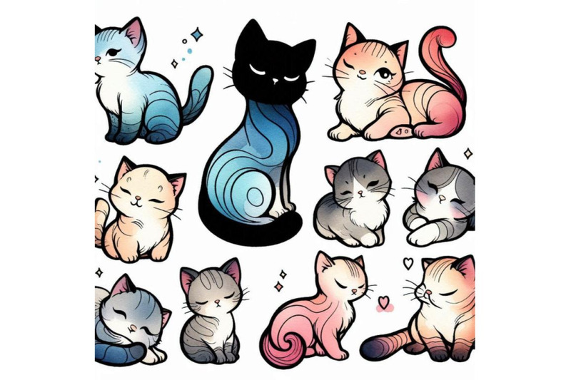 cartoon-kittens-watercolor-set-cute-cats-illustratio