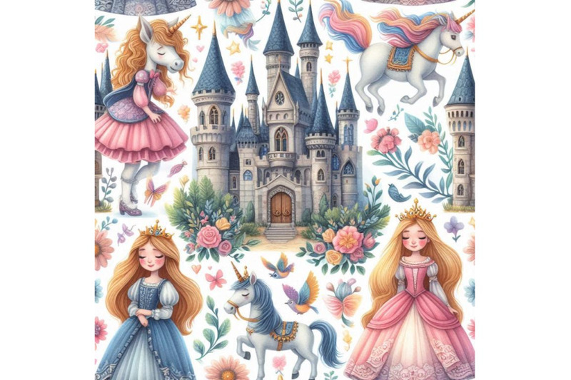 castle-of-princess-and-unicorn-seamless-pattern-fairy-tale