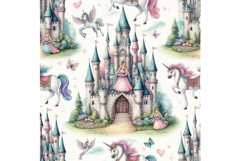 castle-of-princess-and-unicorn-seamless-pattern-fairy-tale