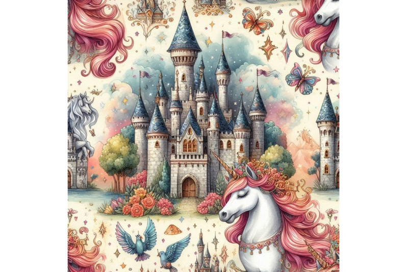 castle-of-princess-and-unicorn-seamless-pattern-fairy-tale