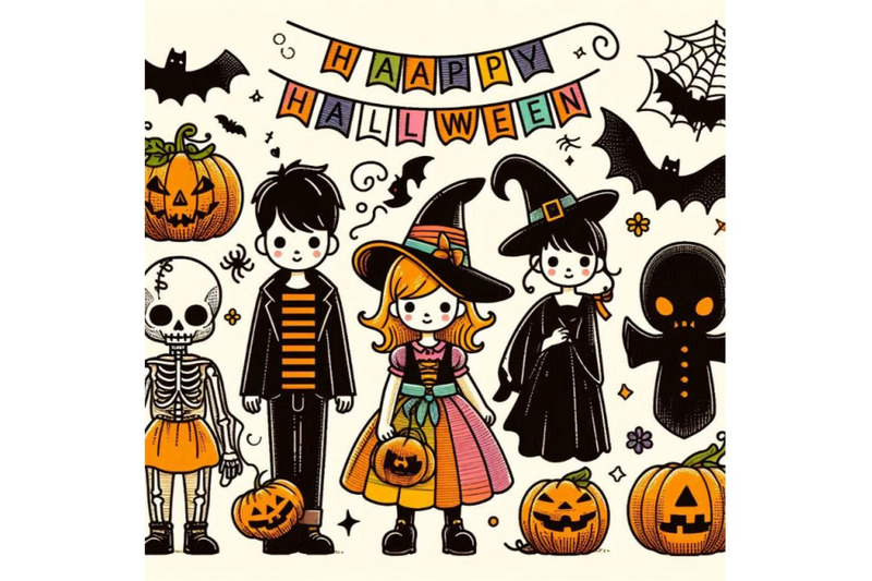 halloween-holiday-banner-little-girl-witch-skeleton