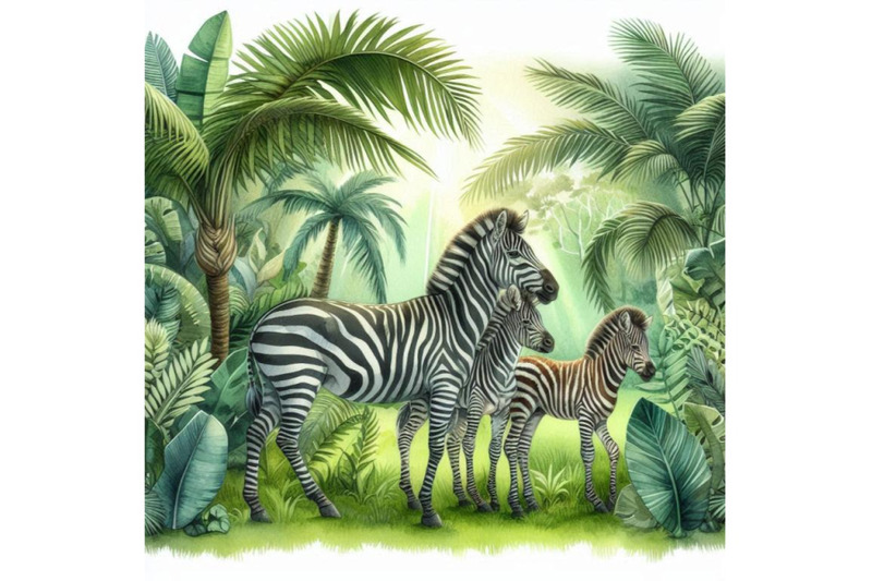 tropical-exotic-forest-zebra-family-green-leaves-wildlife-watercol