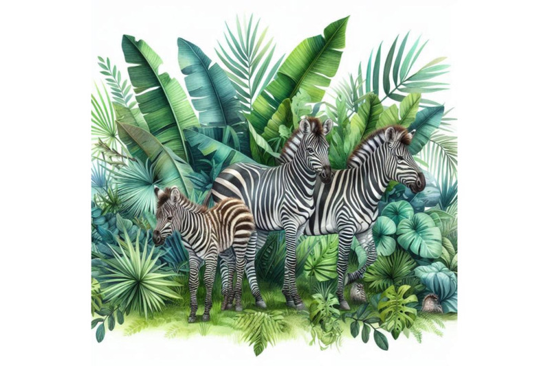 tropical-exotic-forest-zebra-family-green-leaves-wildlife-watercol