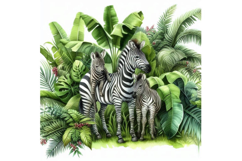 tropical-exotic-forest-zebra-family-green-leaves-wildlife-watercol