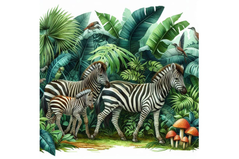 tropical-exotic-forest-zebra-family-green-leaves-wildlife-watercol