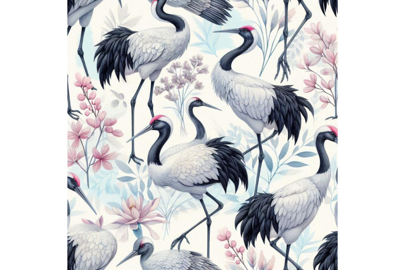 watercolor-japanese-crane-bird-seamless-pattern